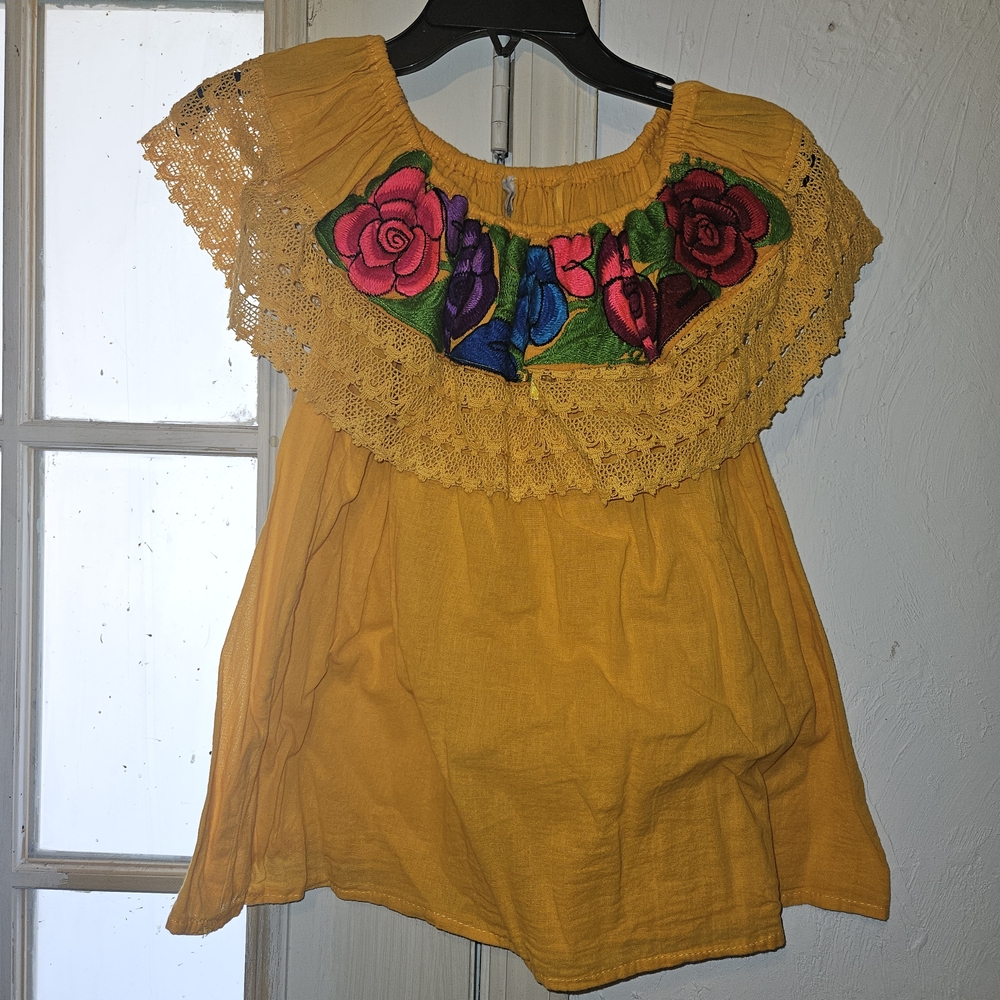 Embroidered Yellow Off-Shoulder Blouse with Lace Trim